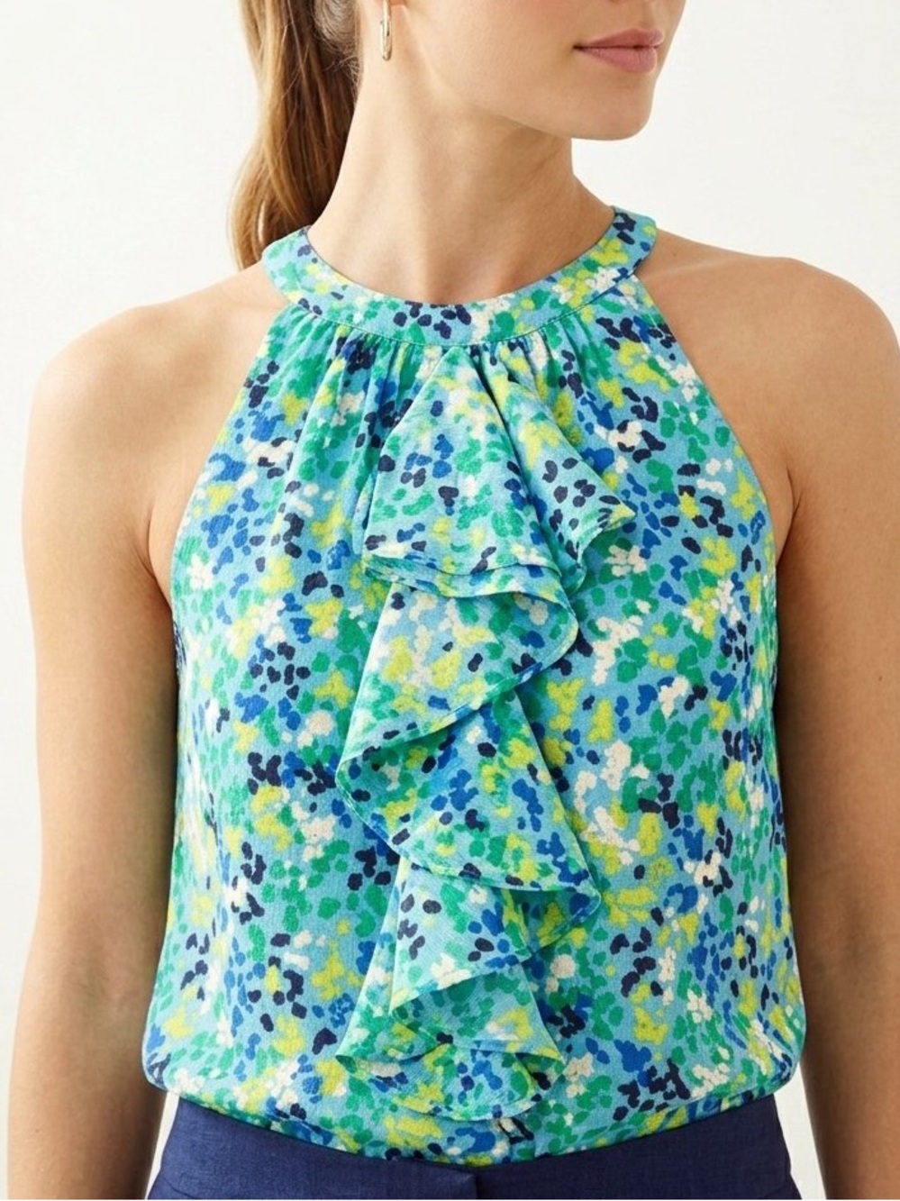 Lilly Pulitzer Floral 100% Silk Halter Blouse in Blue & Green Size 6 Like New